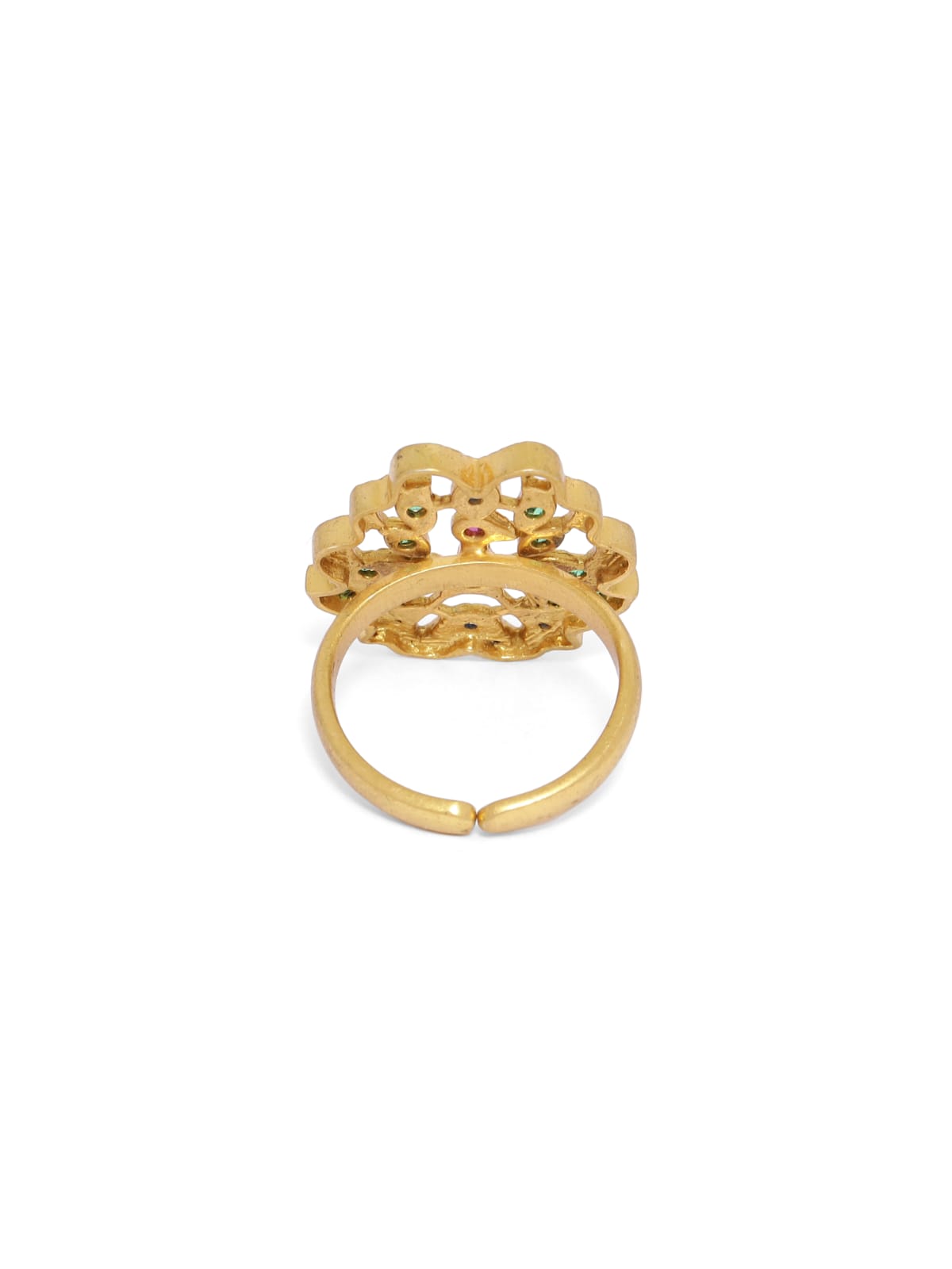 Mayur ring with glass stones in sterling Silver, micron Gold plated, adjustable.