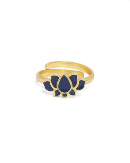 Lotus enamel ring in sterling Silver with micron gold plating, adjustable size.