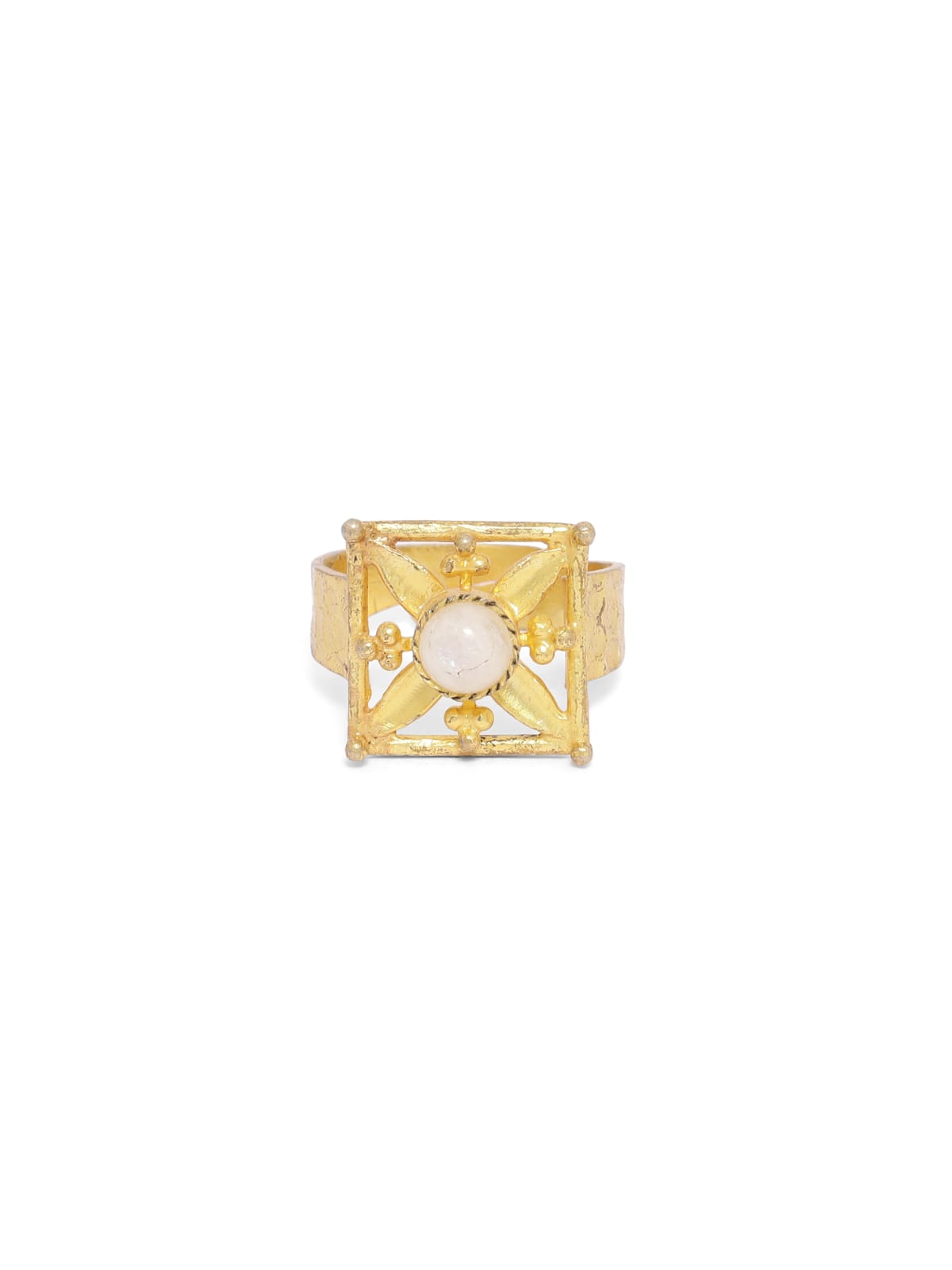 Art deco style ring with Moonstone in sterling Silver with micron Gold plating, adjustable size.