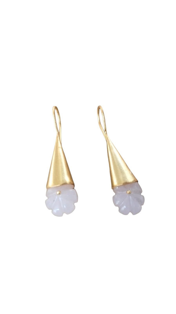 Sterling Silver hook earrings with carved pink Chalcydony in micron gold plated.