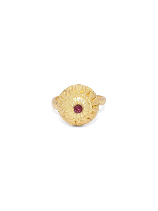 Sterling Silver ring in dome shape with red crystal stone in 18 karat Gold plated.