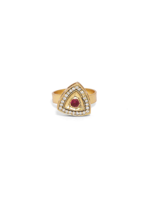 Sterling Silver ring in trillion shape with red and white Crystal in 18 karat Gold plating.