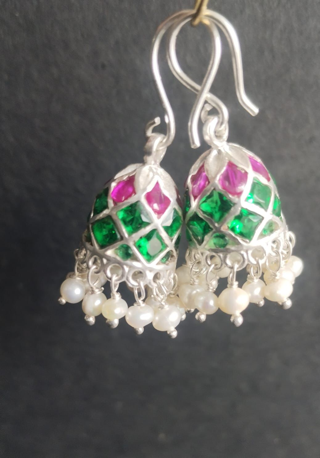 Sterling Silver hook earrings with red and green crystals, pearl drops.