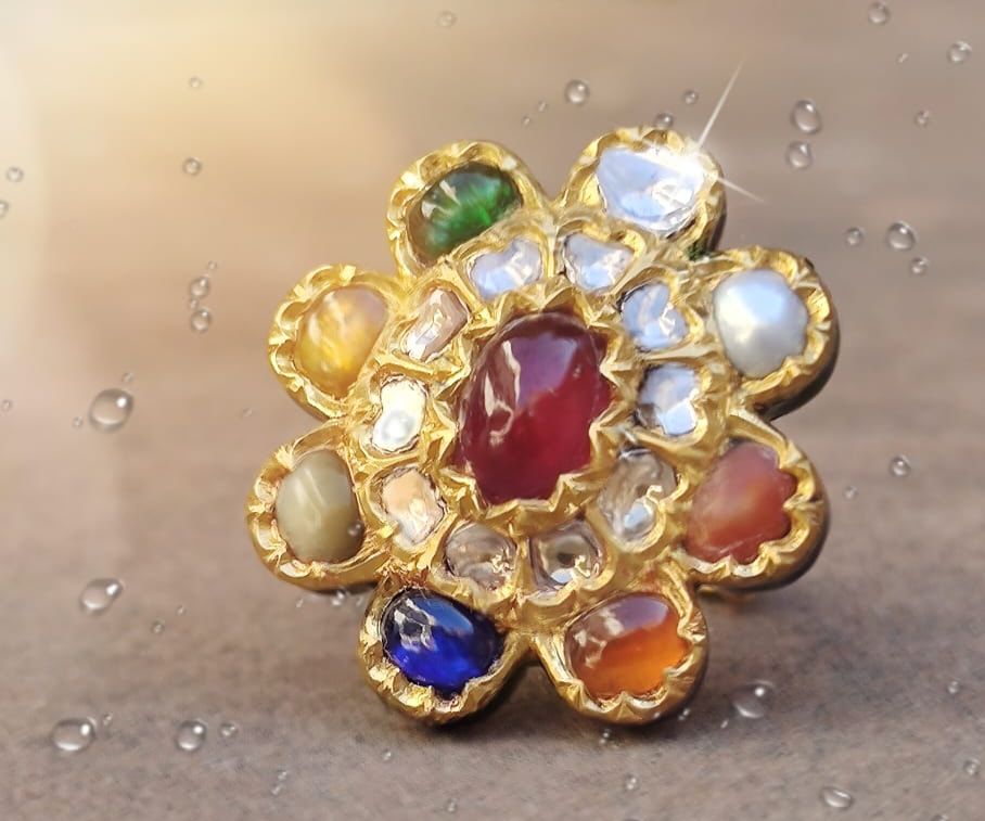 Navratna ring, 22ct hallmark, Polki, Meenakari in 7.800 gold, made to size