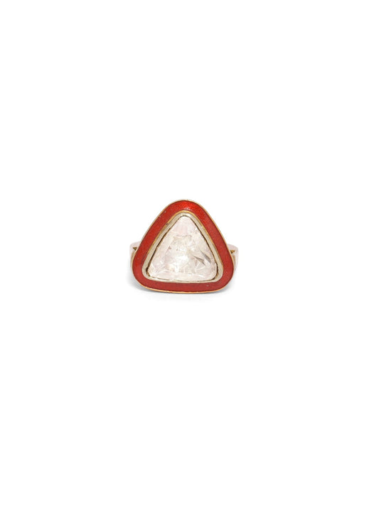 Sterling silver ring with Moissanite and red Enamel, Gold plated (adjustable).