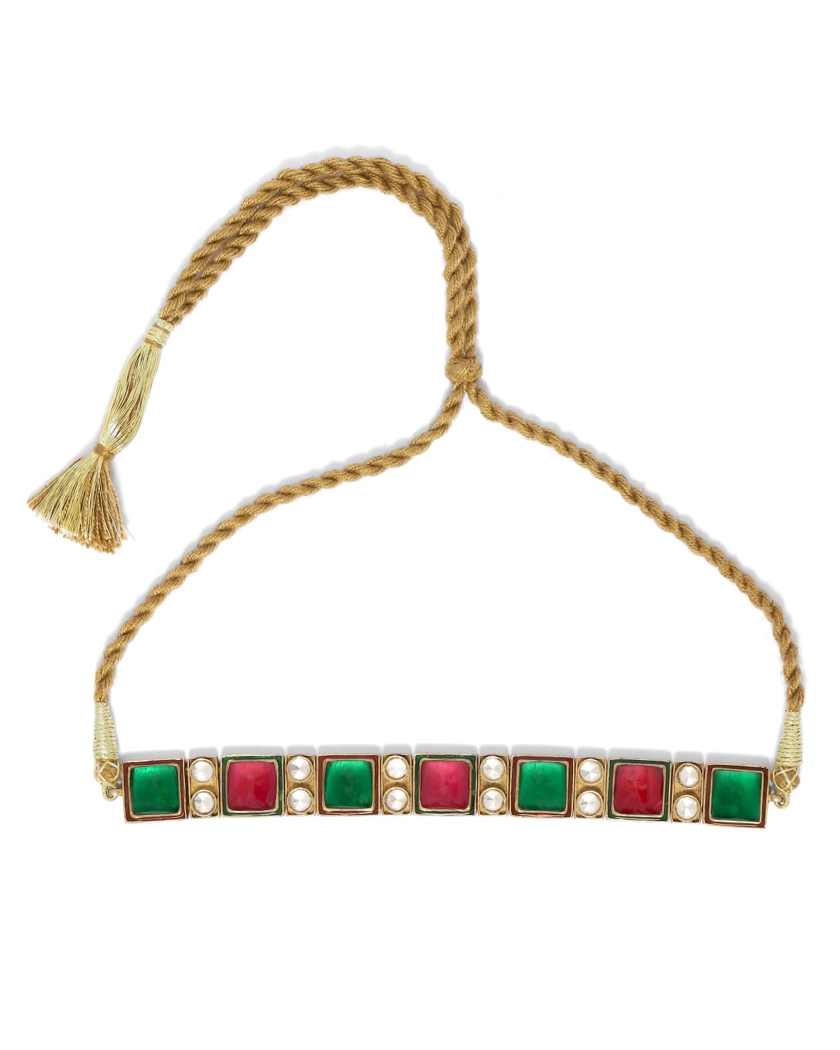 Sterling Silver choker with red and green Quartz, Billor Polki with enamelling in 18 karat Gold plating with Sarafa closure.