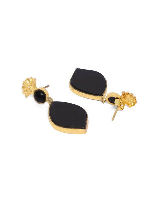 Black carved stone earrings with black Enamelling in sterling Silver with 18 karat gold plating.