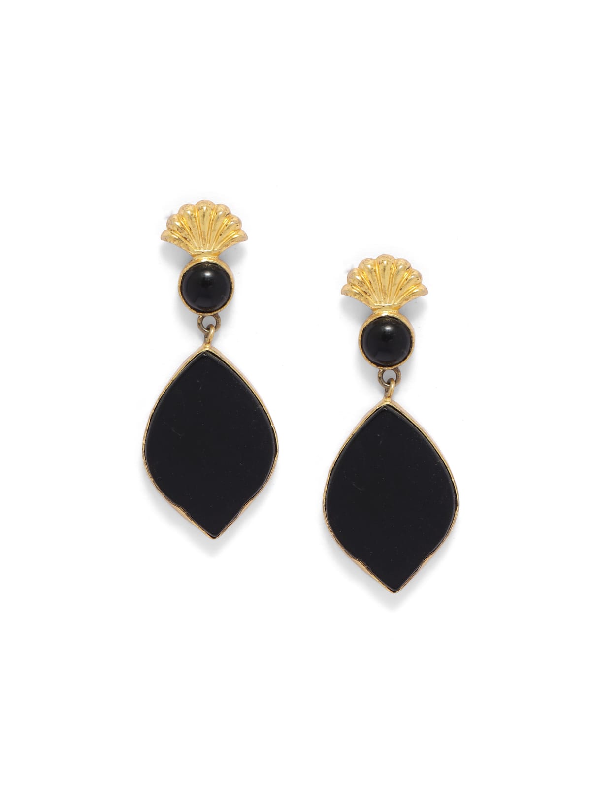 Black carved stone earrings with black Enamelling in sterling Silver with 18 karat gold plating.