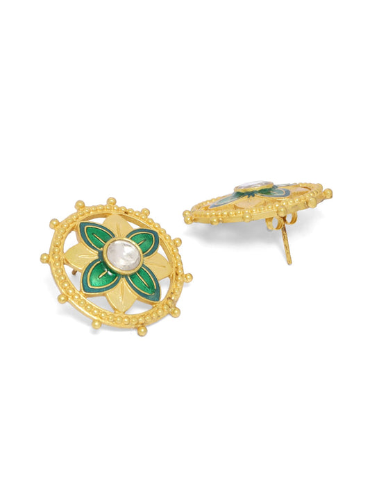 Sterling Silver Gold plated Enamel polki flower traditional studs.