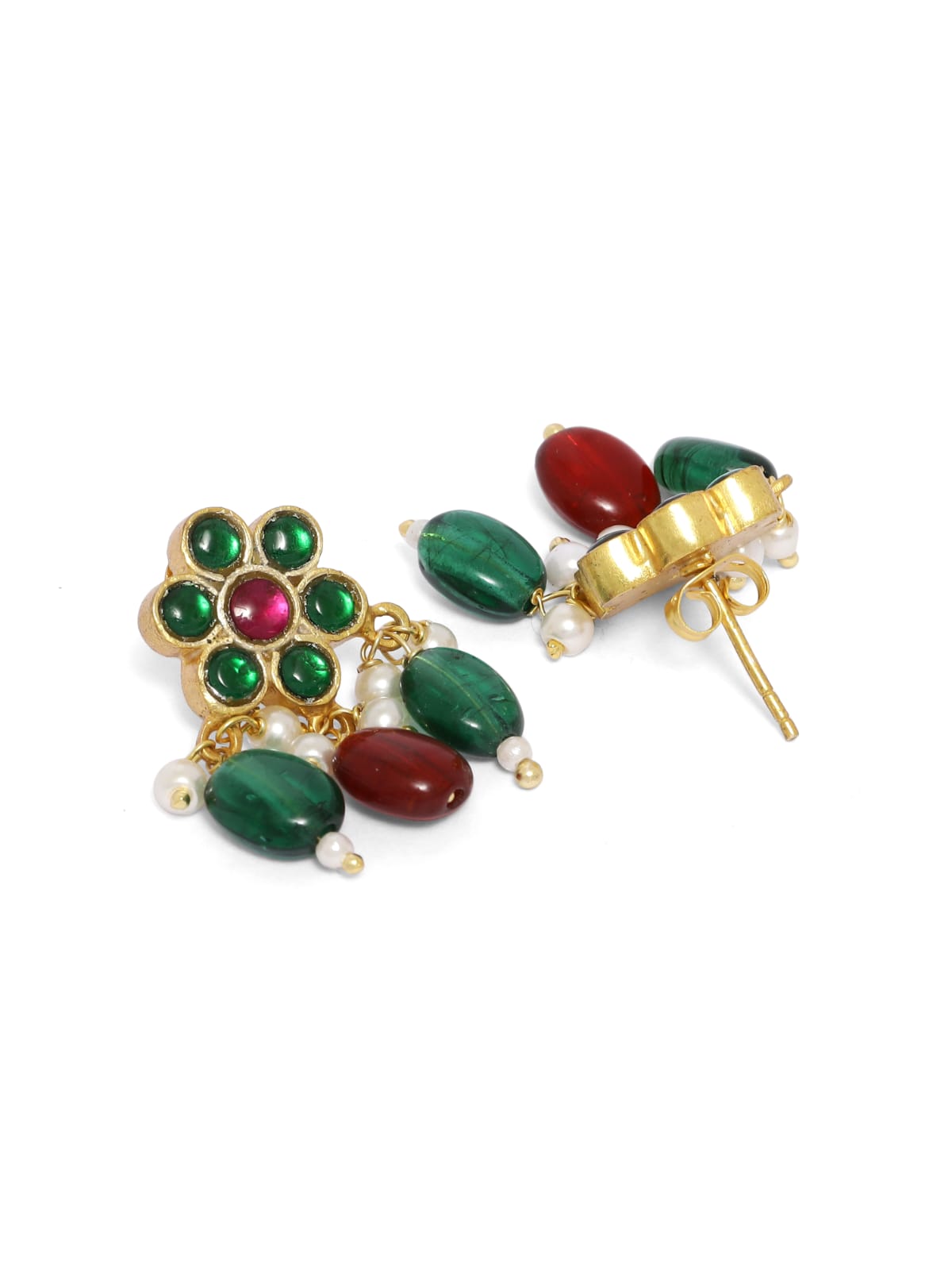 Sterling Silver 18k Gold plated red green jadau earrings suitable for Traditional wear.