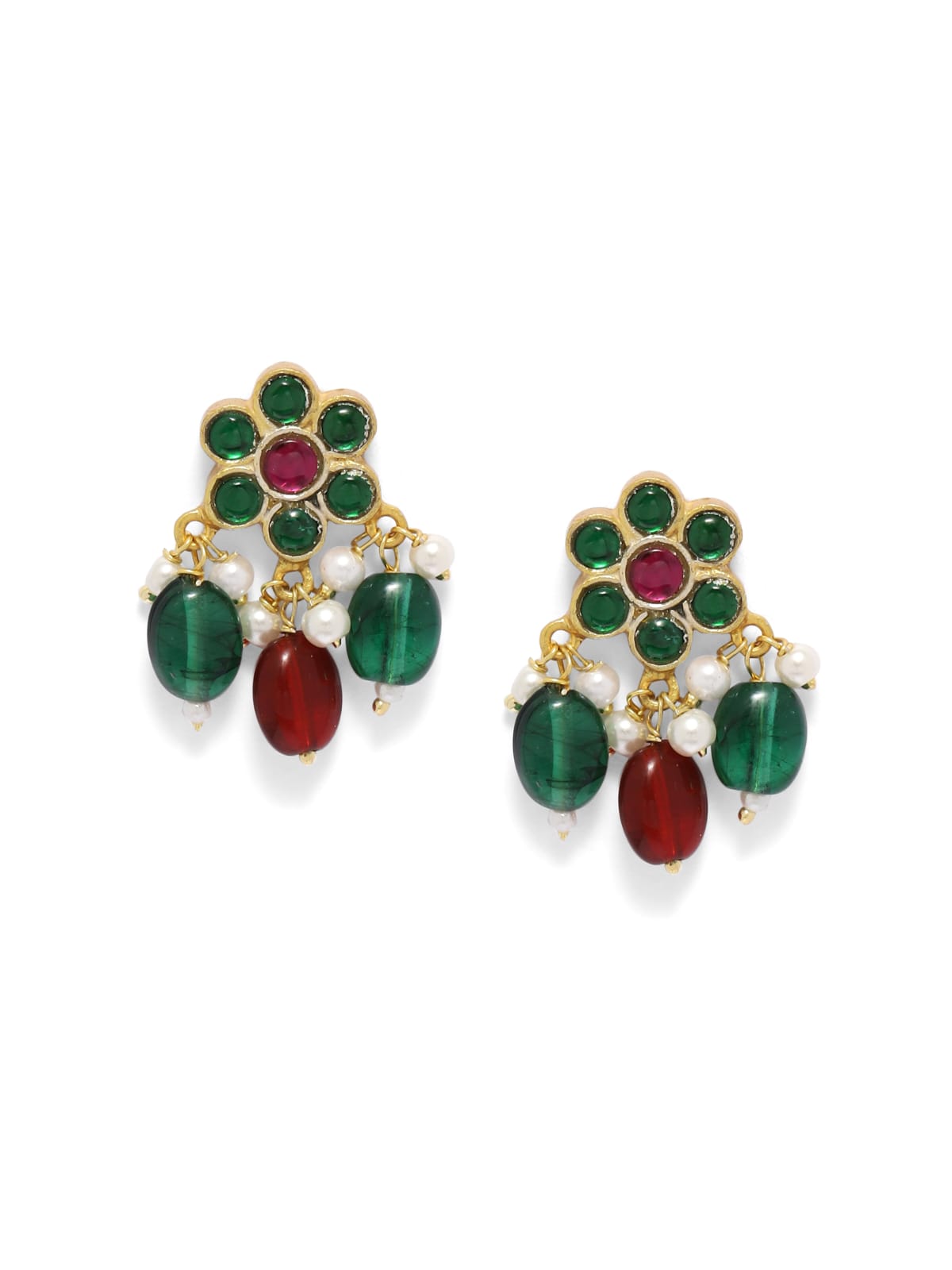 Sterling Silver 18k Gold plated red green jadau earrings suitable for Traditional wear.