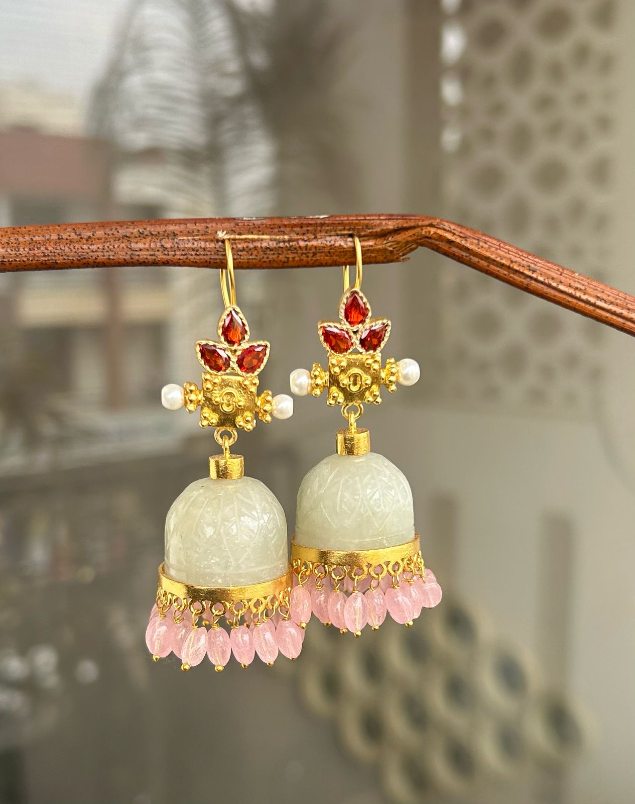 Grapes Aventurine stone jhumka with pink quartz drops in Garnet and Pearl in the tops. Made in sterling silver with 18k Gold plated.