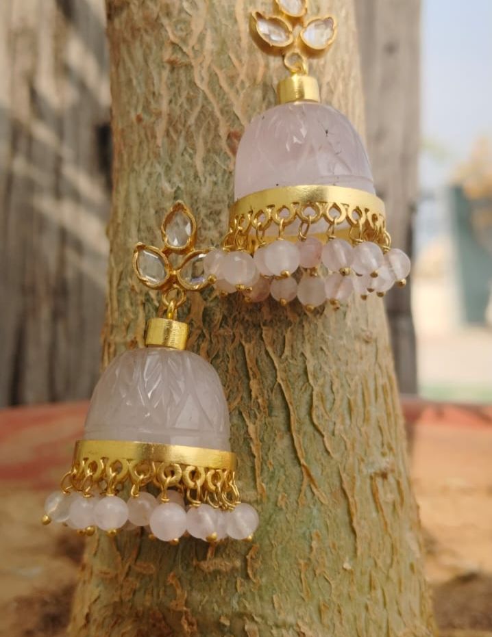 Rose Quartz Jhumka with rose Quartz drops made in sterling Silver, 18k Gold plating.