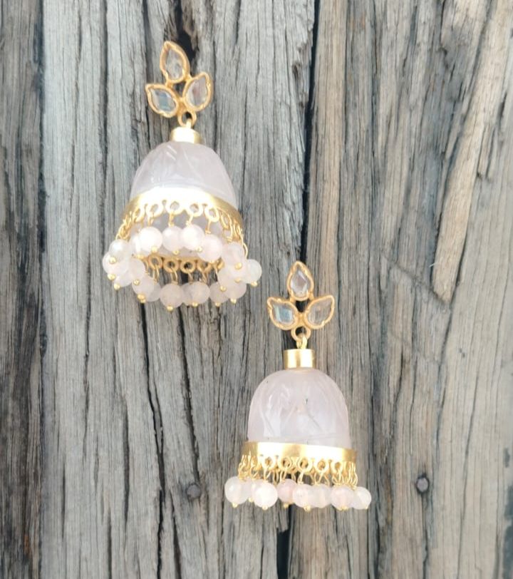 Rose Quartz Jhumka with rose Quartz drops made in sterling Silver, 18k Gold plating.