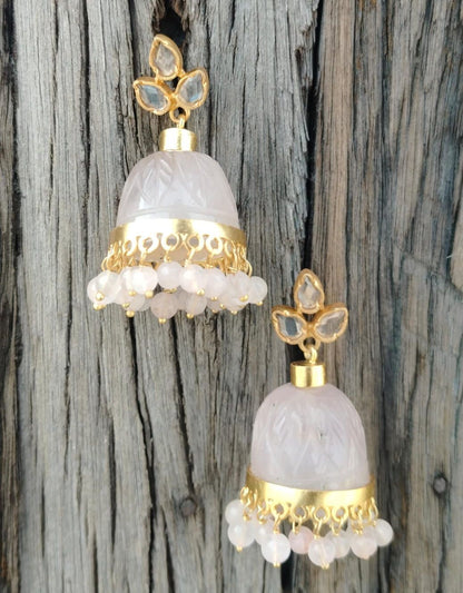 Rose Quartz Jhumka with rose Quartz drops made in sterling Silver, 18k Gold plating.