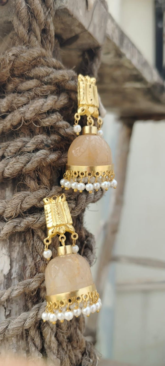 Yellow Aventurine jhumka with Pearl drop, made in sterling Silver with 18k Gold plated.