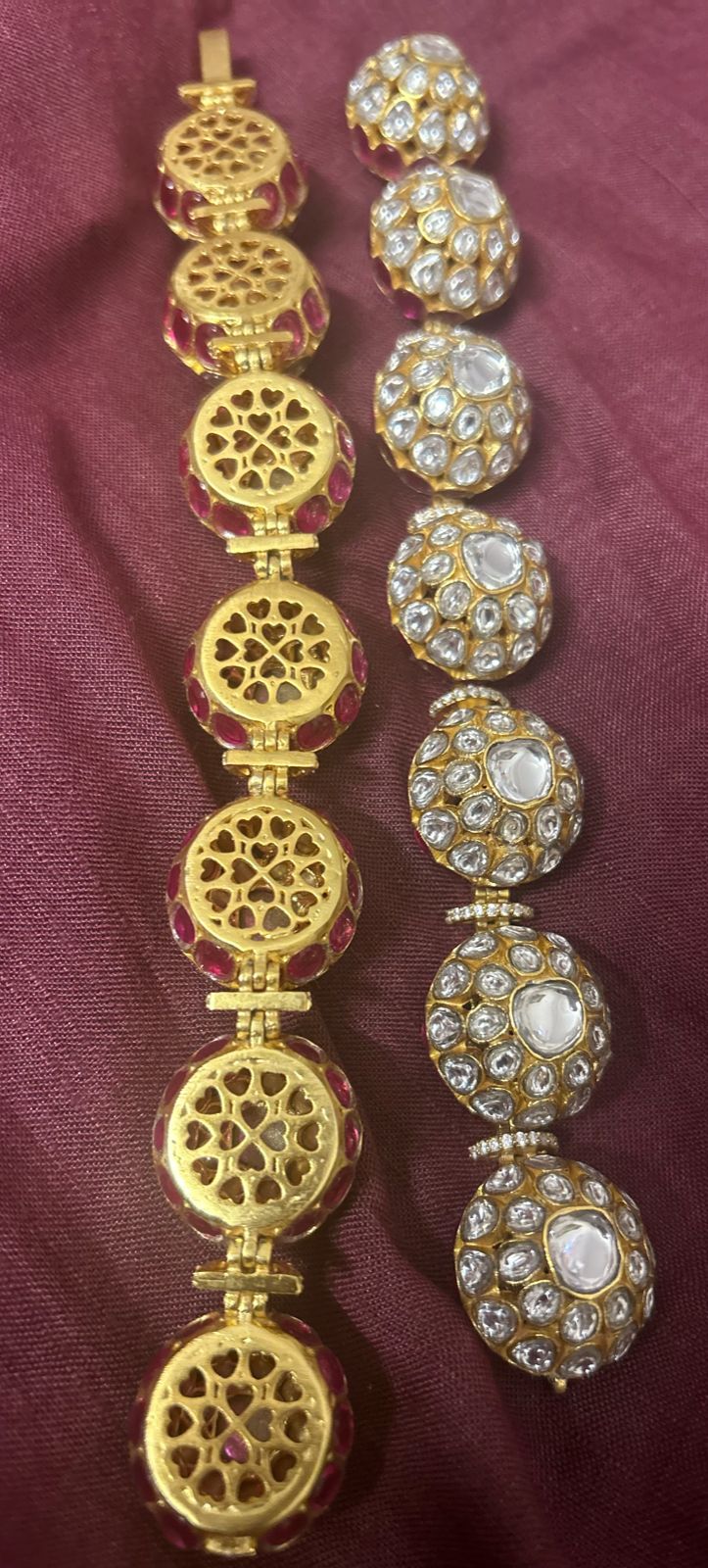 Bracelet/Ponchi (Pair) in Sterling Silver with 18k Gold plated Billor Polki red Quartz Jadau stones. 
Traditional/ethnic design perfect for every look Ponchi/bracelet.