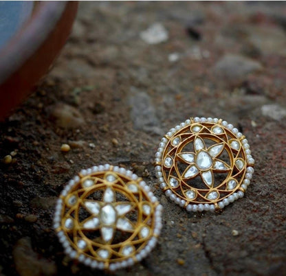 Karna phool earrings in Sterling Silver tops with Billor Polki and Pearls in Jadau Post and push closure.