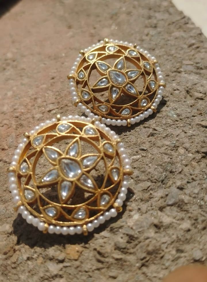Karna phool earrings in Sterling Silver tops with Billor Polki and Pearls in Jadau Post and push closure.