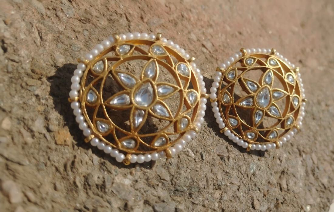 Karna phool earrings in Sterling Silver tops with Billor Polki and Pearls in Jadau Post and push closure.