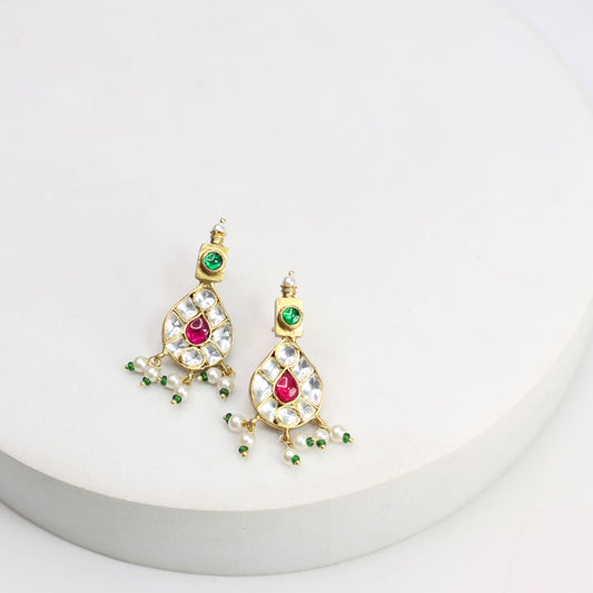 Sterling Silver Gold plated Jadau red green and Polki earrings
For indo Western look.