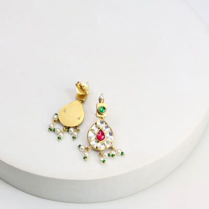 Sterling Silver Gold plated Jadau red green and Polki earrings
For indo Western look.