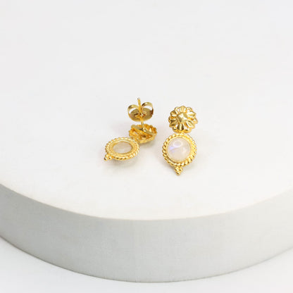 Sterling Silver stud earrings with 18 karat micron plating with moonstones and patterned tops in Push-Post closure.