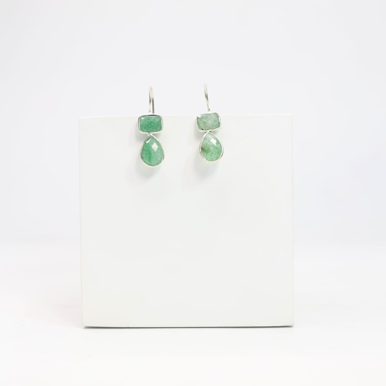 Two stone hook earrings in Sterling Silver earrings faceted grapes, Aventurine stones set. 
Light weight, classy, everyday wear.