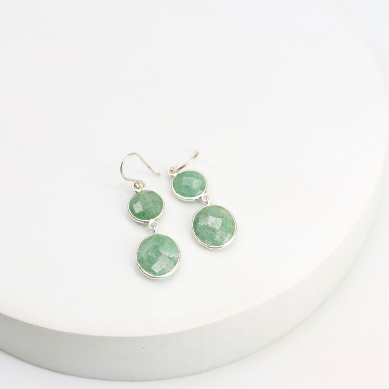 Two stone hook earrings in Sterling Silver earrings faceted grapes, Aventurine stones set.
Light weight, classy, everyday wear.