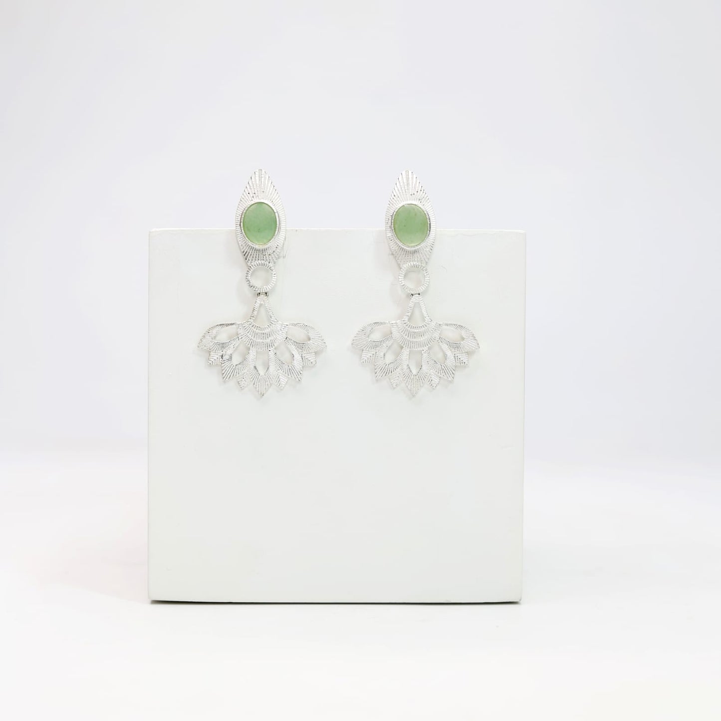 Sterling Silver Gold plated grapes aventurine fan shaped earrings.