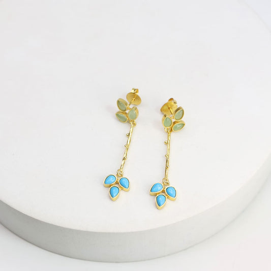 Sterling Silver Gold plated Aquacalcydony & Turquoise long hanging earrings.