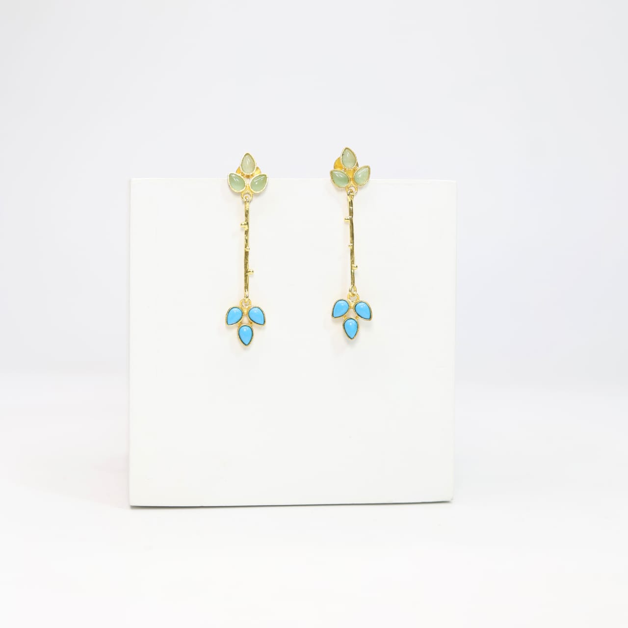 Sterling Silver Gold plated Aquacalcydony & Turquoise long hanging earrings.