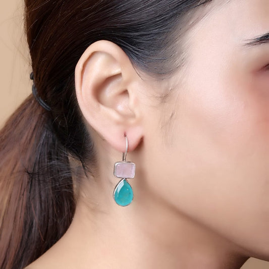 Sterling Silver Pink Chalcy and blue quartz hook earrings.