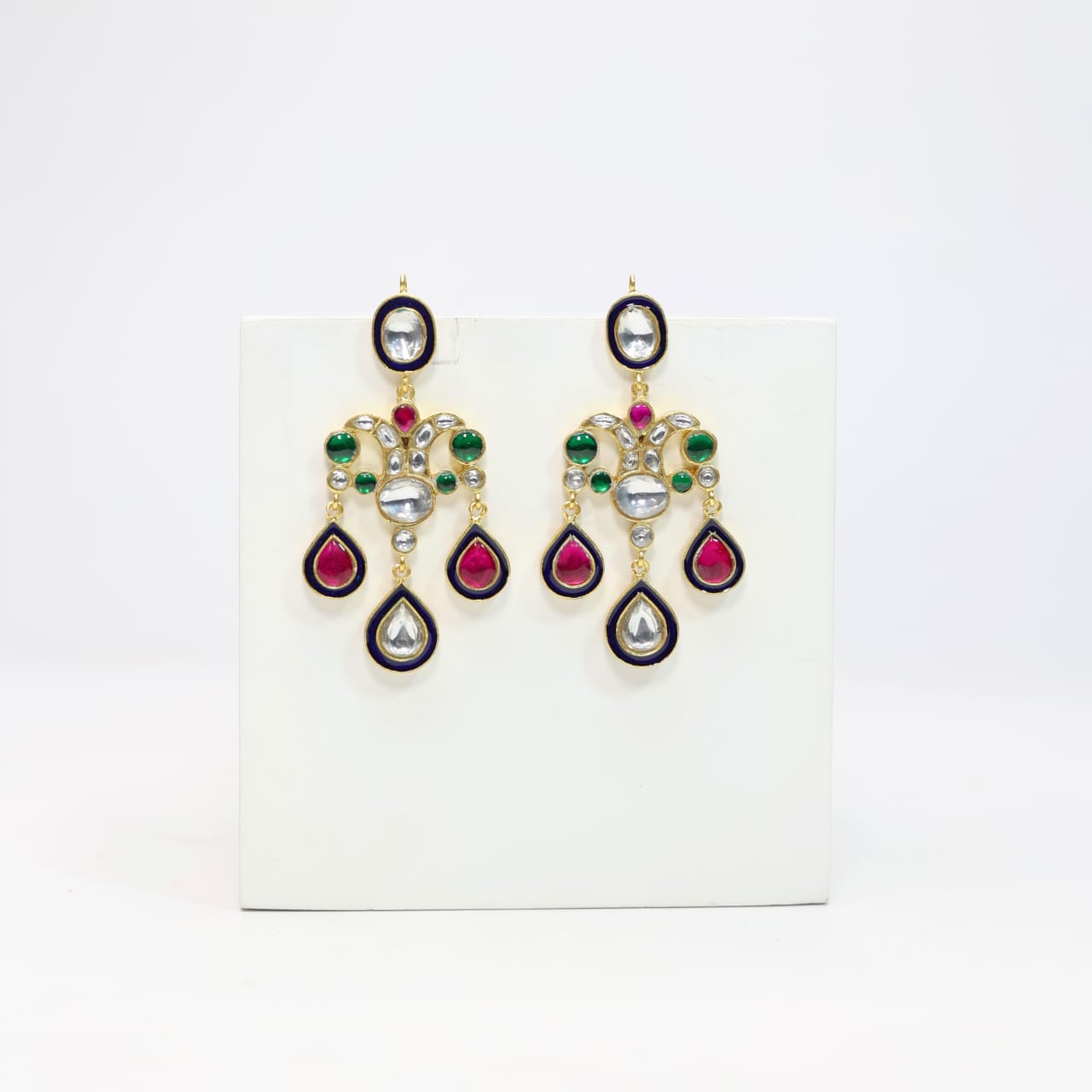 Sterling Silver Gold plated, Art Deco Enamel jadau polki earrings.