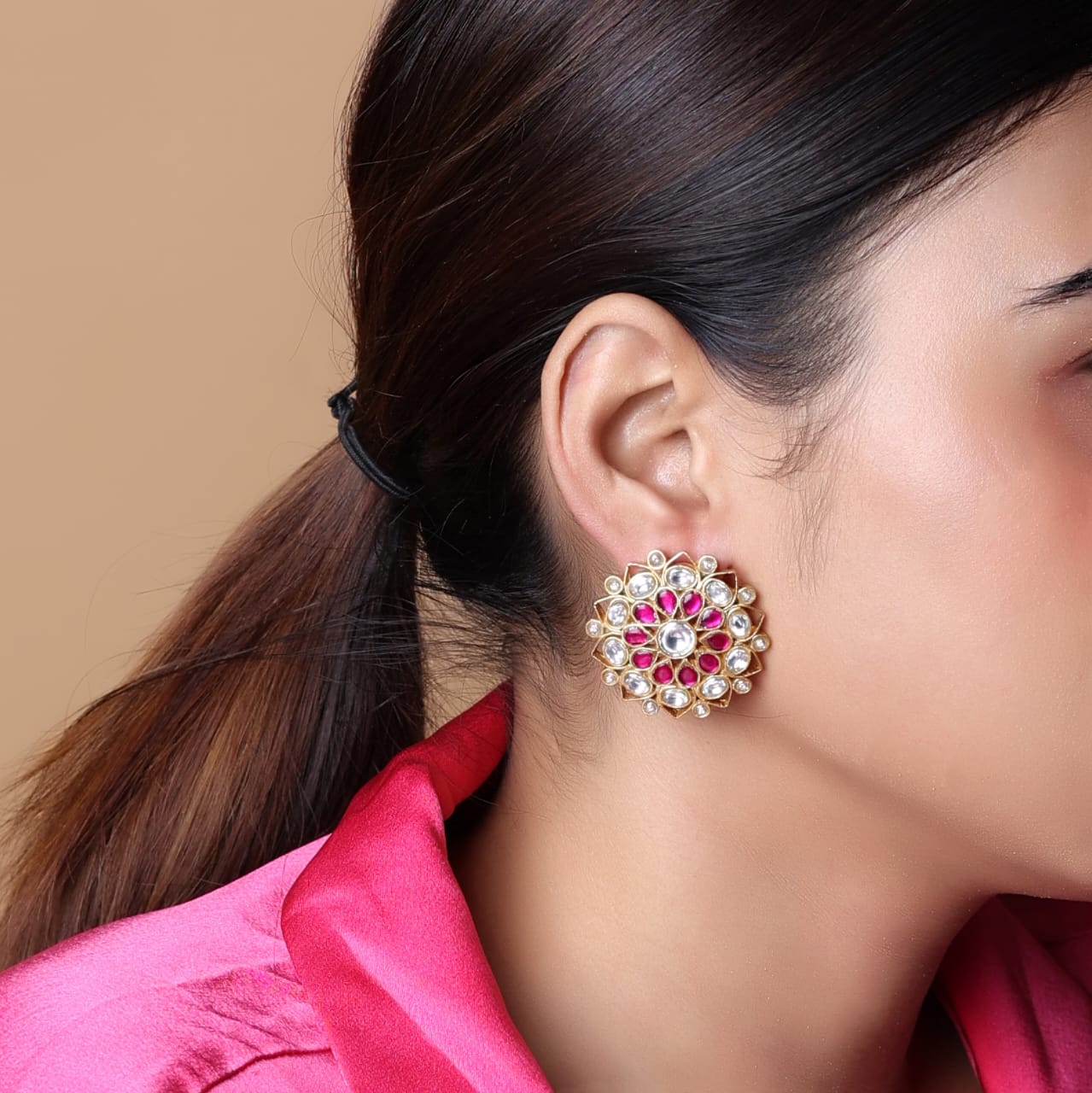 Studs/earrings in Sterling Silver Gold plating with Red Quartz and Jadau Polki big studs.