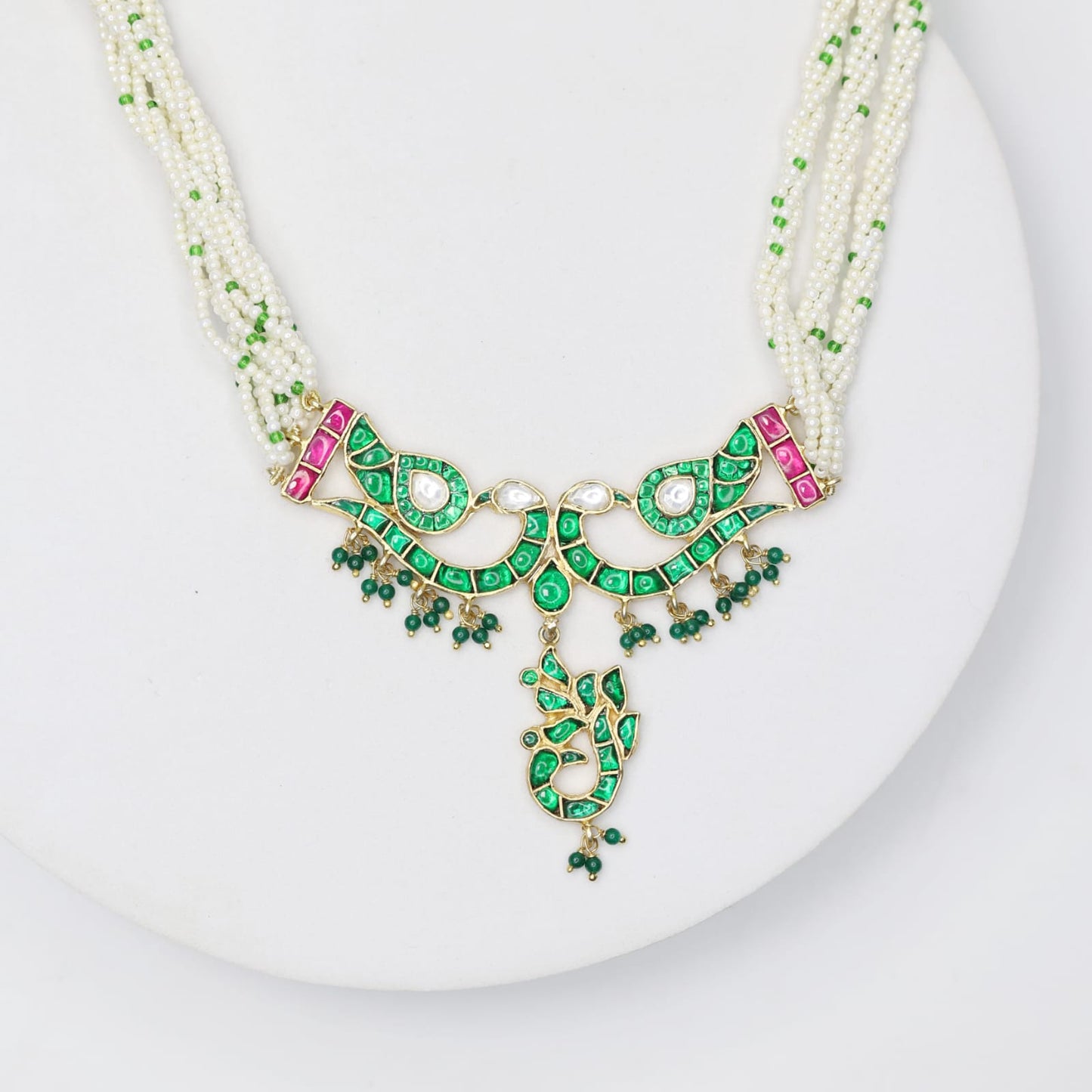 Sterling Silver Gold plated Jadau Polki necklace with traditional Indian peacock design and pearl string.