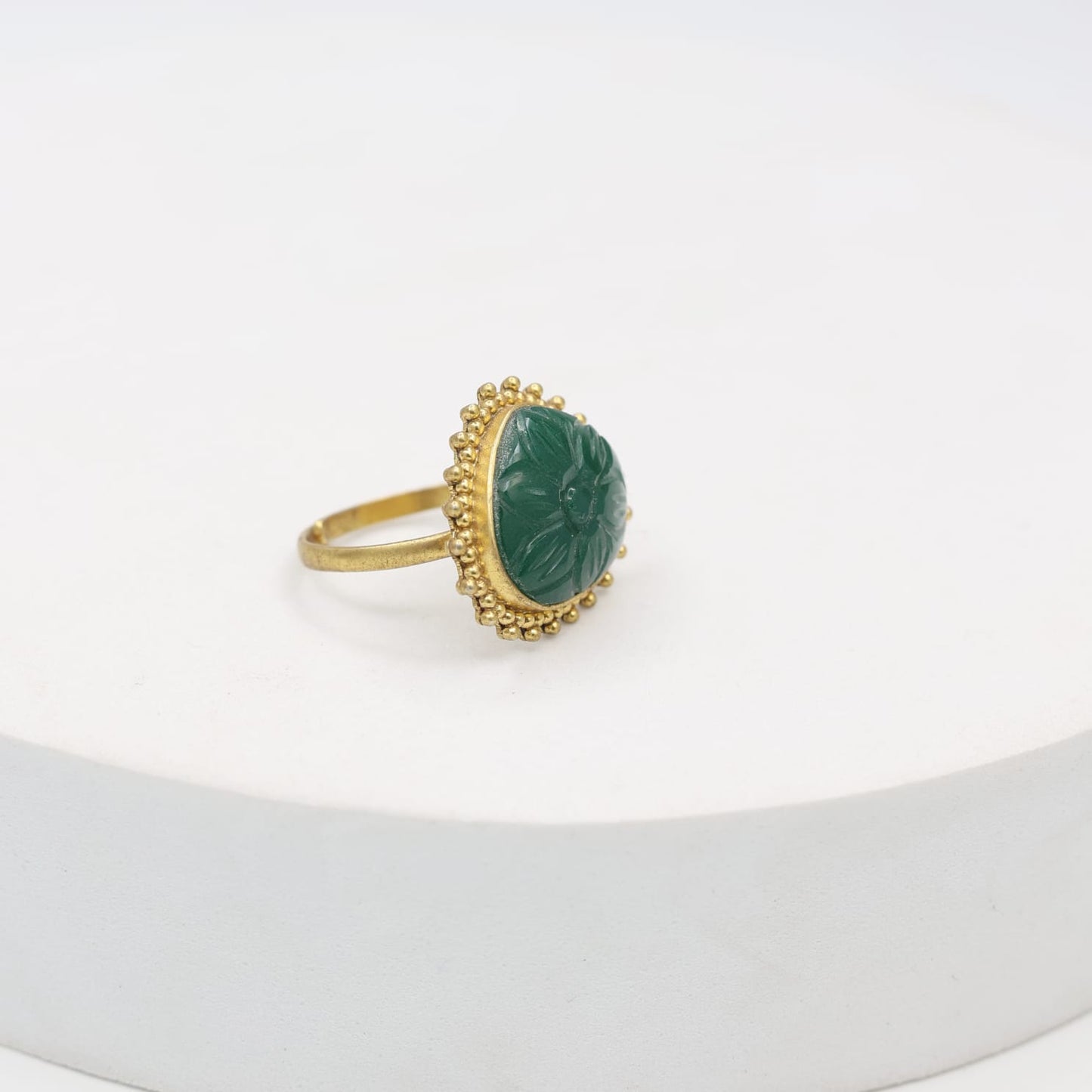 Carved green Onyx ring set in sterling Silver with 1 micron Gold plating.
Handcrafted with love, adjustable.