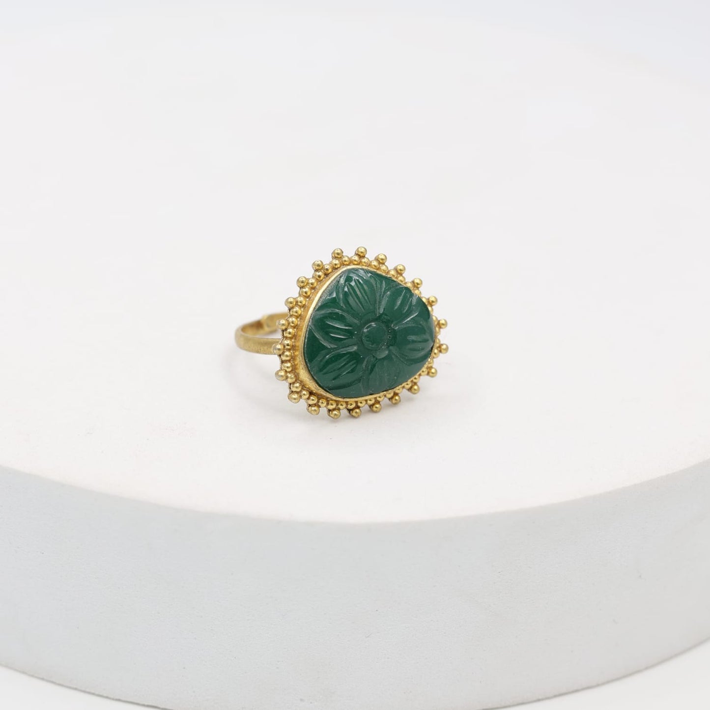 Carved green Onyx ring set in sterling Silver with 1 micron Gold plating.
Handcrafted with love, adjustable.