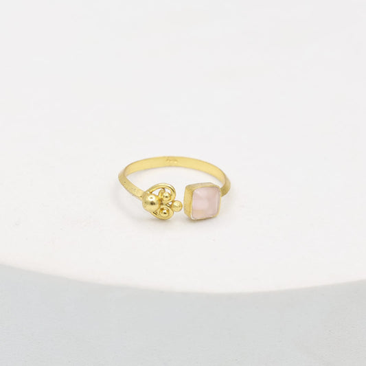 Flower and pink chalcydony ring, set in sterling Silver with 1 micron Gold plating, made to size.
