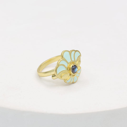 Enamel Floret ring with enamelling, set in sterling Silver with 1 micron gold plating, adjustable.