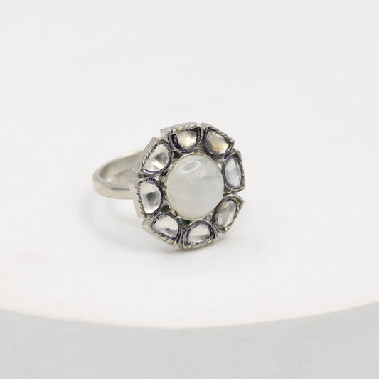 Victorian Ring with rainbow moonstones, Billor Polki set in sterling Silver with oxidised plating, adjustable.
