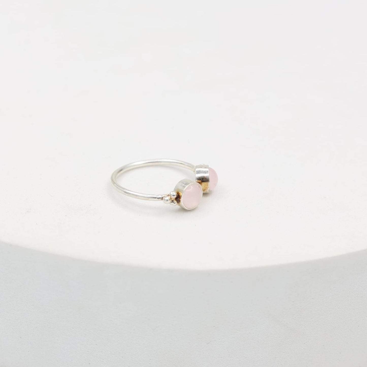 Two stone ring with rose Quartz set in sterling Silver, adjustable.