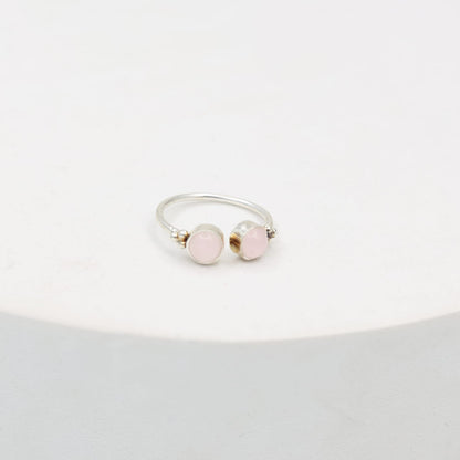 Two stone ring with rose Quartz set in sterling Silver, adjustable.