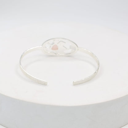 Sterling Silver bangle in rose Quartz with floral pattern, adjustable.