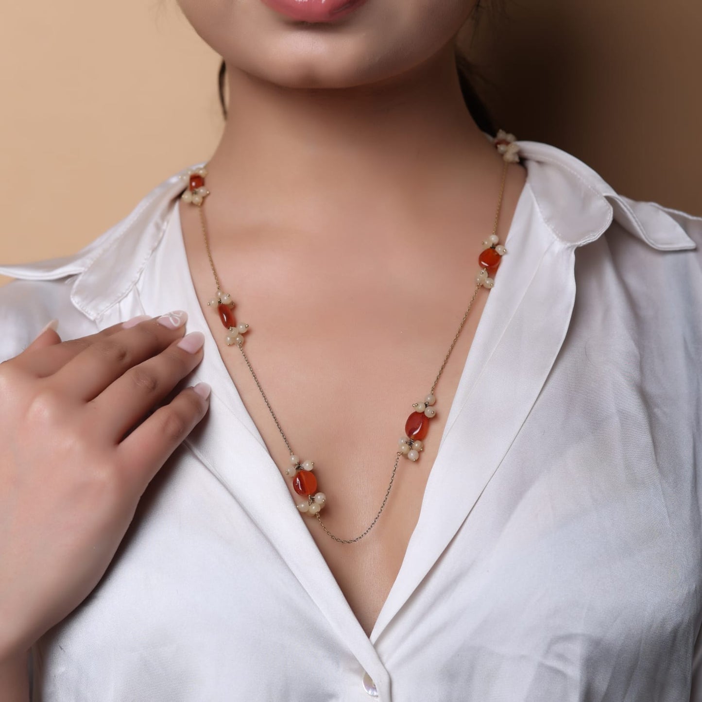 Sterling Silver Gold plated
with carnelian and yellow Aventurine beads necklace chain.