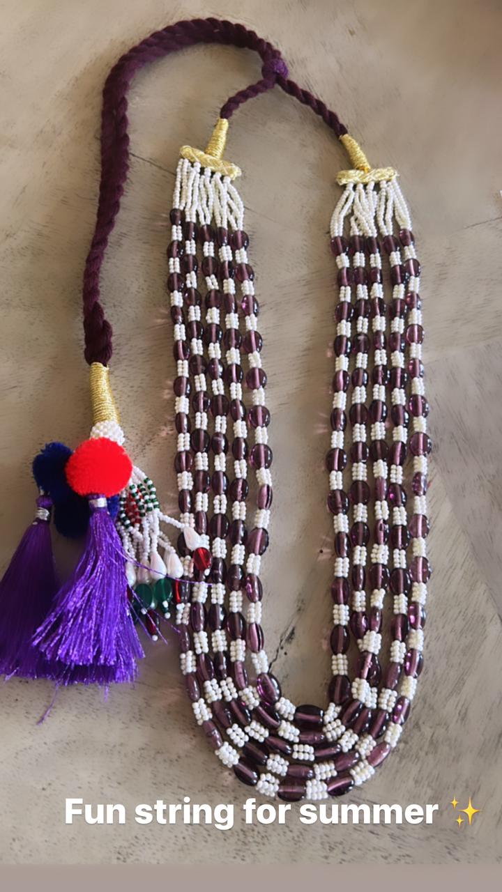 Aubergine colored Quartz with Pearls in a gorgeous five layered string necklace with multi colored thread sarafa closure. Length: 18-20 inches