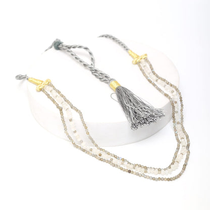 Labradorite and Moonstones three layered string necklace in grey Sarafa closure. 
Length: 18-20 inches.