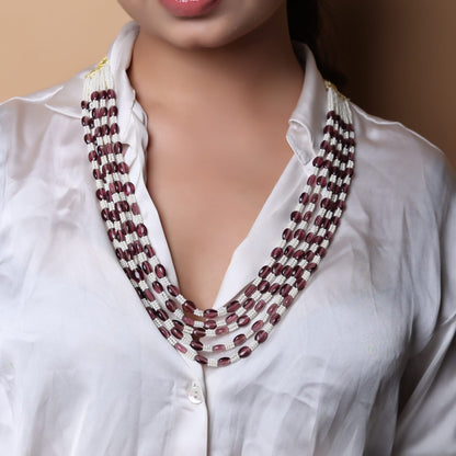 Aubergine colored Quartz with Pearls in a gorgeous five layered string necklace with multi colored thread sarafa closure. Length: 18-20 inches