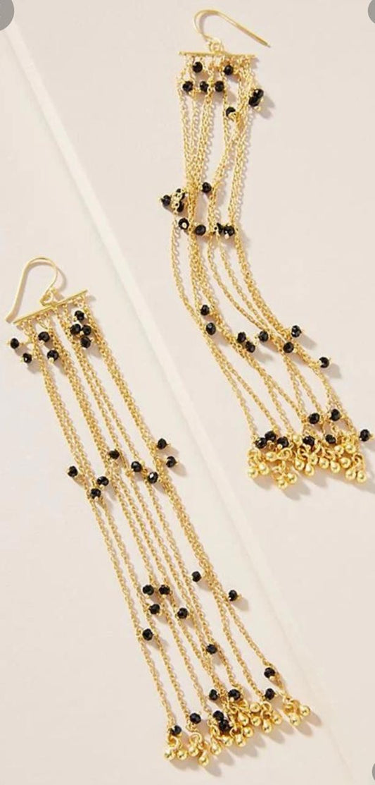 92.5 Sterling Silver duster earrings with black onyx and ghungroos in 1 micron Gold plating hook earrings.