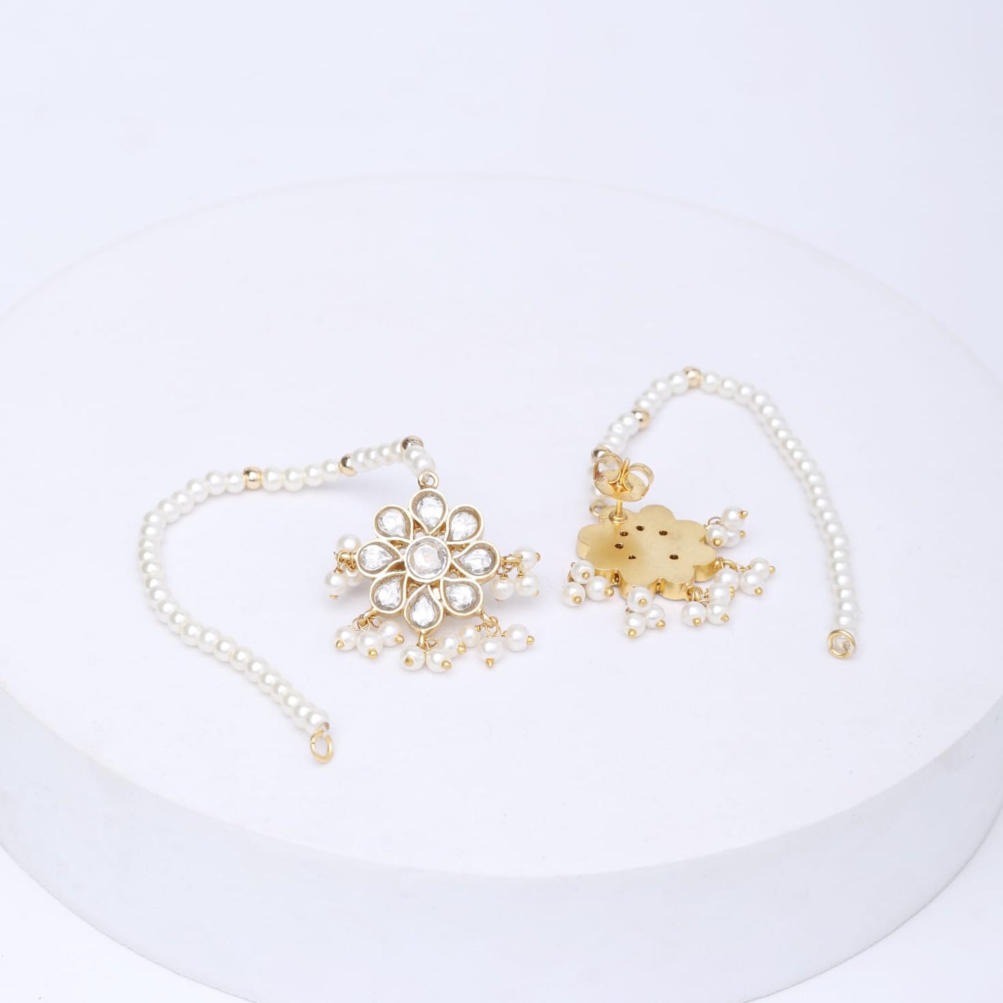 Handcrafted sterling Silver earrings with pearls kaan-chain in 1 micron Gold plating in Post and Push closure.